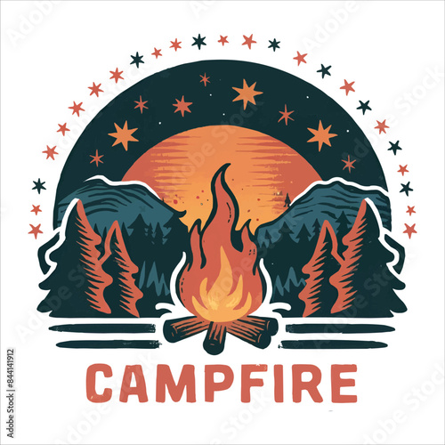 T-Shirt Design: Campfire Adventure Outdoor Hill and Moonlit Night Illustration