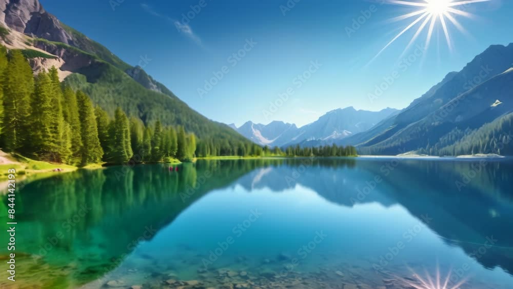 A crystal clear mountain lake reflecting the surrounding trees and ...