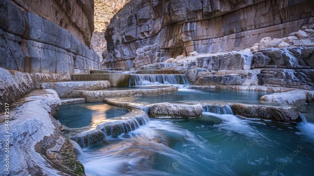 Fototapeta premium Azure river cascading through terraced limestone pools beneath soaring limestone cliffs.