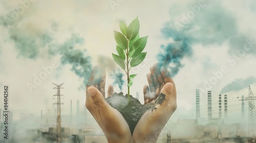 Hands holding a sapling: An image of hands holding a sapling against the background of polluted air or an industrial landscape.