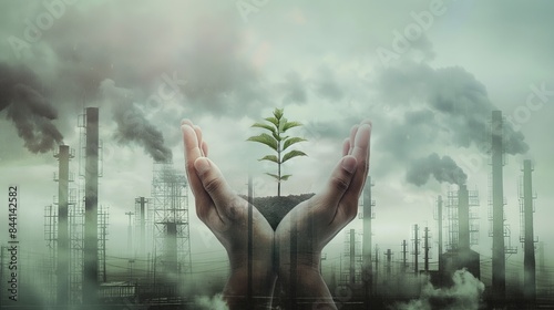 Hands holding a sapling: An image of hands holding a sapling against the background of polluted air or an industrial landscape.