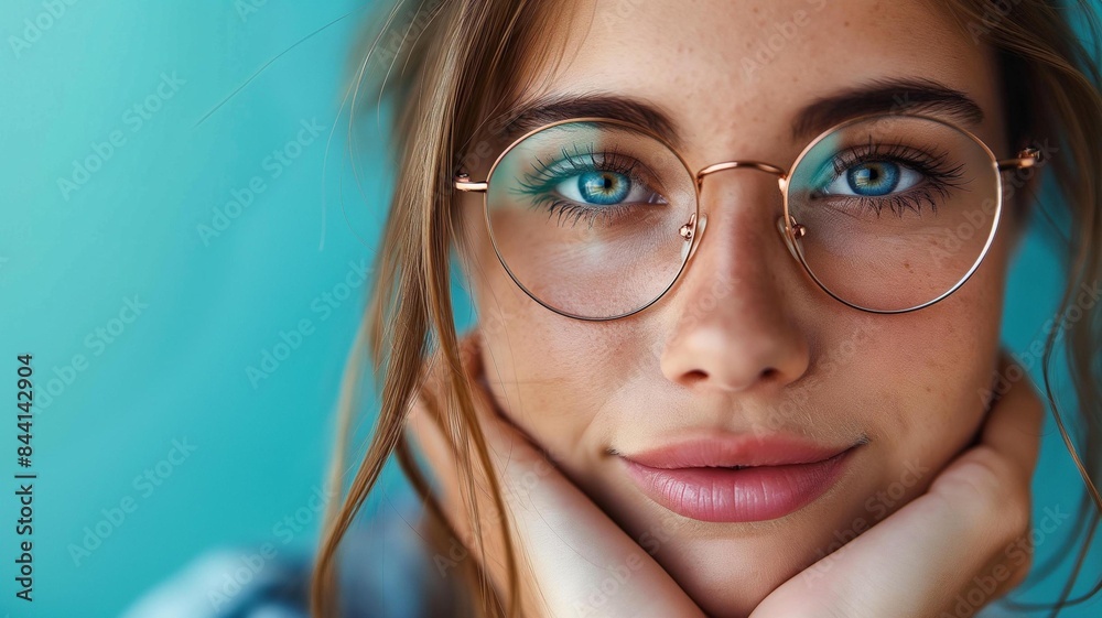 Close-up portrait of a young woman with bright blue eyes and stylish round glasses, posing thoughtfully against a vibrant blue background. Generative AI Close-up portrait of a young woman with bright blue eyes and stylish round glasses, posing thoughtfully against a vibrant blue background. Generative AI