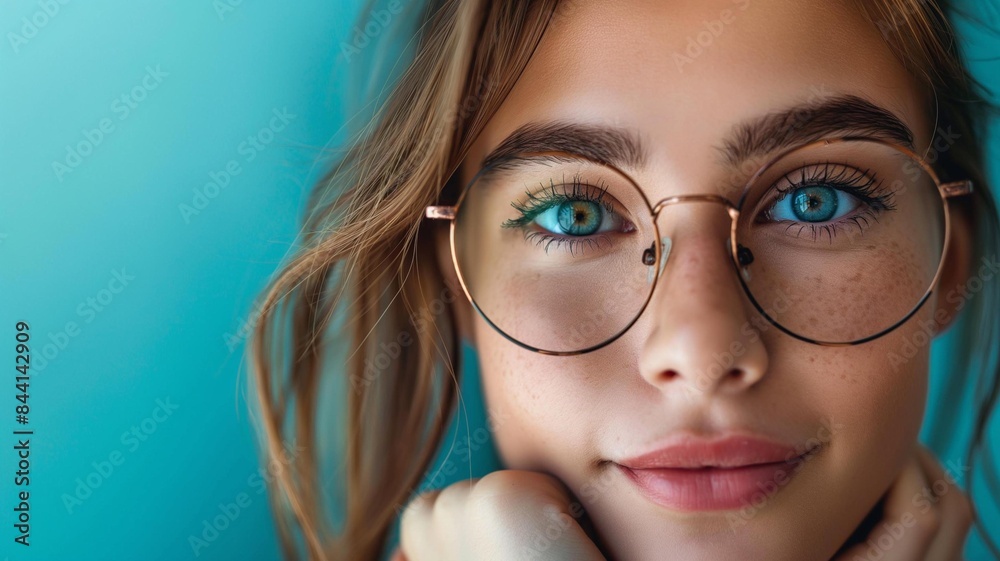 Close-up portrait of a young woman with bright blue eyes and stylish round glasses, posing thoughtfully against a vibrant blue background. Generative AI Close-up portrait of a young woman with bright blue eyes and stylish round glasses, posing thoughtfully against a vibrant blue background. Generative AI