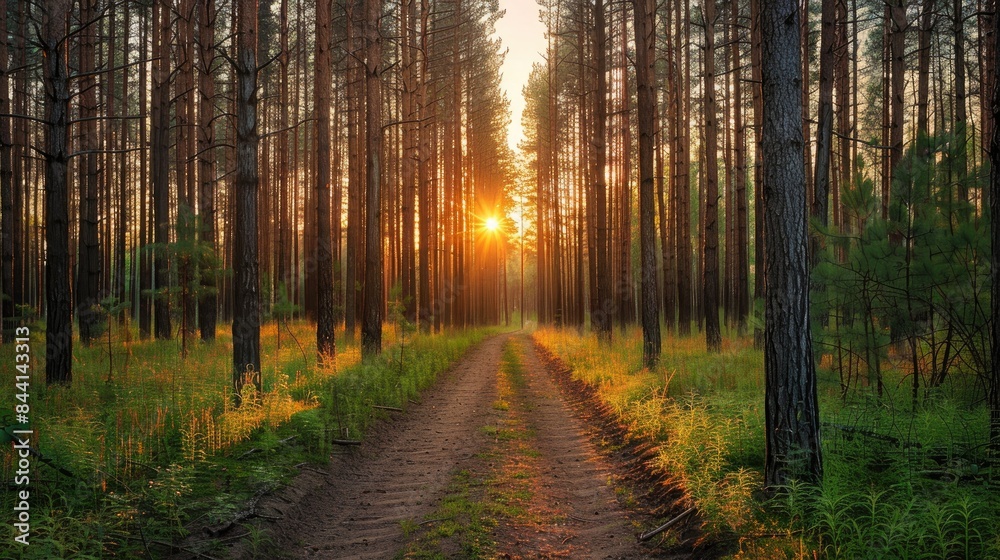 Obraz premium pine tree forest when sunset beautiful view landscape