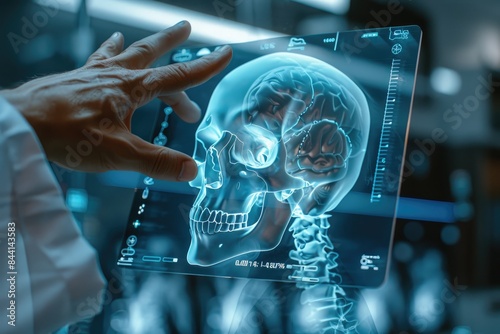 a doctor diagnosis a skull human in display photo