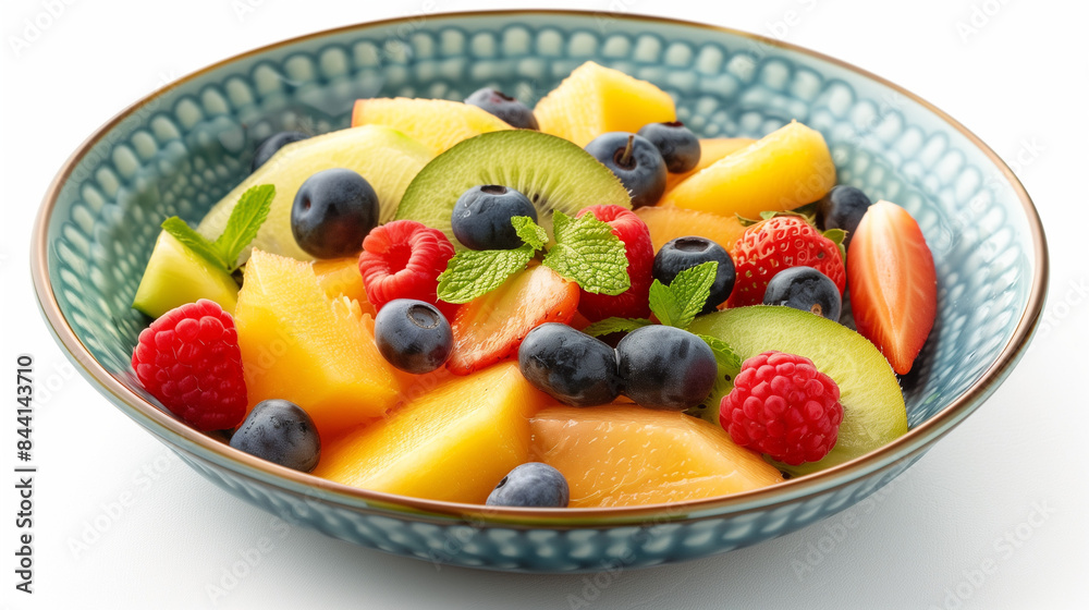 Bowl of fresh fruit salad with berries and mint leaves on a white background