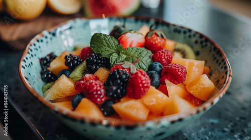 Bowl of fresh fruit salad with mint and berries