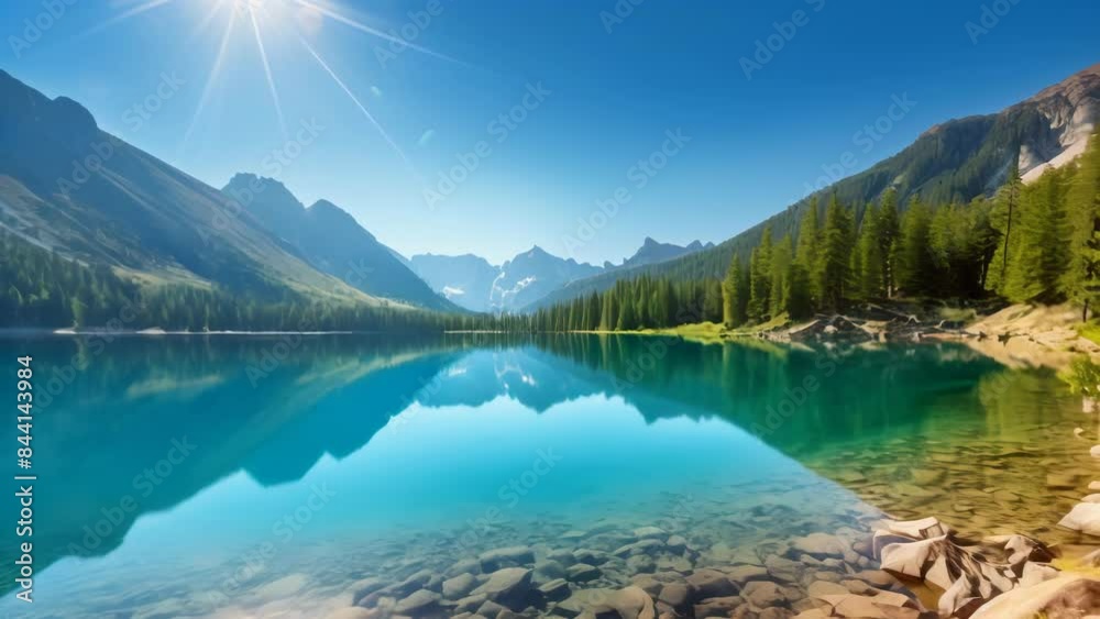 A tranquil alpine lake with crystal-clear blue water, surrounded by lush green forests and majestic mountains. The clear blue sky reflects perfectly on the calm water surface. A tranquil alpine lake with crystal-clear blue water, surrounded by lush green forests and majestic mountains. The clear blue sky reflects perfectly on the calm water surface.