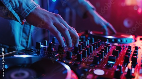 Close up of DJ hand on dj console mixer turntable at stage concert in the club