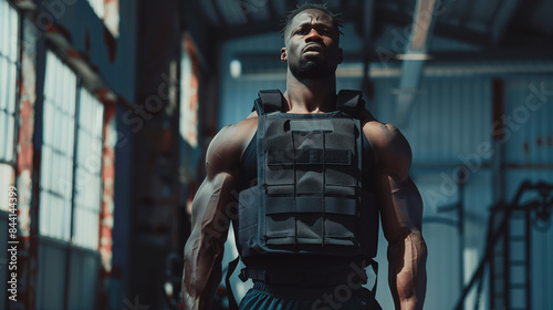 Muscular man wearing weighted vest in gym