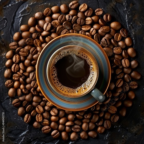 Coffee beans arranged in concentric circles around a steaming cup of coffee photo