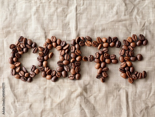 Coffee beans arranged to spell out the word COFFEE on a white tablecloth photo