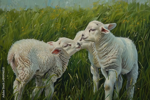 playful lambs headbutting in lush green field realistic oil painting photo