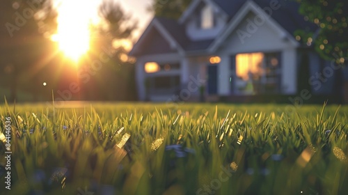 modern cozy house with garage for sale or rent with many grass on lawn. Clear summer evening with soft sky. Cozy warm light from window. generative ai photo