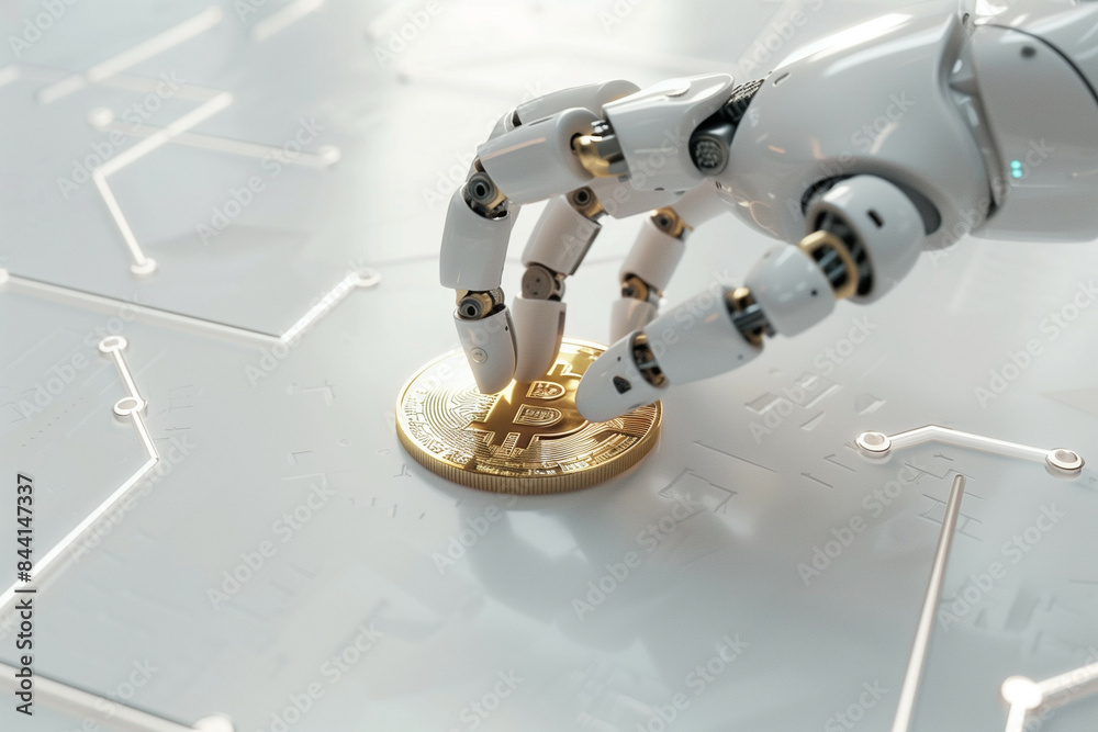 A high-resolution image of a white articulated robot arm delicately holding a golden Bitcoin on a futuristic white circuit board background with intricate lines and patterns A high-resolution image of a white articulated robot arm delicately holding a golden Bitcoin on a futuristic white circuit board background with intricate lines and patterns
