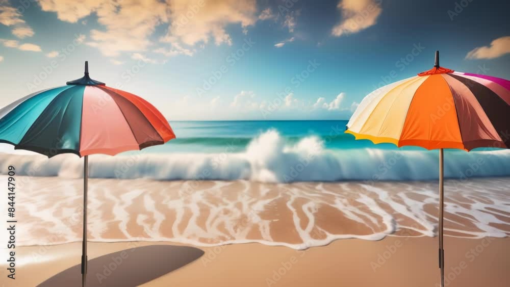 Colorful beach umbrellas set up on a sandy shore with gentle ocean waves under a bright sky. The vibrant colors and serene setting evoke a sense of relaxation and enjoyment. Colorful beach umbrellas set up on a sandy shore with gentle ocean waves under a bright sky. The vibrant colors and serene setting evoke a sense of relaxation and enjoyment.