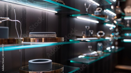 A stylish jewelry store with floating glass shelves  illuminated by LED strip lighting  displaying a collection of modern bracelets and earrings