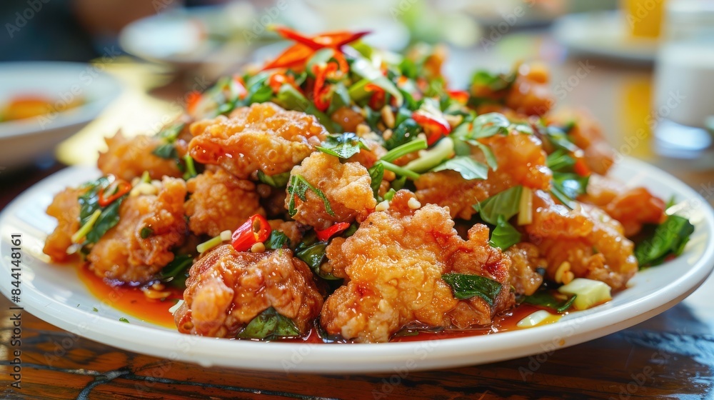 Deep fried pork with basil and crispy chicken tendon Deep fried pork with basil and crispy chicken tendon