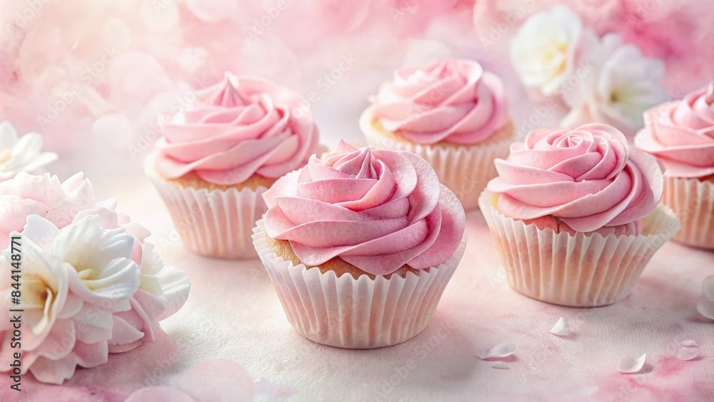 A plate of pink frosted cupcakes with sprinkles, perfect for a celebration A plate of pink frosted cupcakes with sprinkles, perfect for a celebration