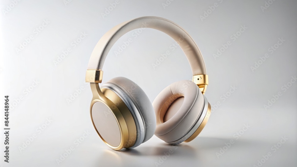 Sleek beige wireless headphones rest on a pristine white background, showcasing their modern design and premium aesthetic in a minimalist setting.