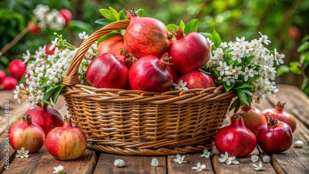 Ripened pomegranates overflow from a wicker basket, surrounded by lush green leaves and delicate white flowers, on a rustic wooden table. Ripened pomegranates overflow from a wicker basket, surrounded by lush green leaves and delicate white flowers, on a rustic wooden table.