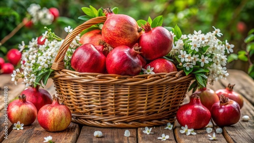 Ripened pomegranates overflow from a wicker basket, surrounded by lush green leaves and delicate white flowers, on a rustic wooden table.