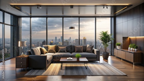 Modern dark-hued living room featuring sleek couch, minimalist sideboard, and panoramic window with cityscape view, evoking cozy sophistication and urban elegance. photo