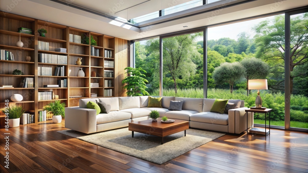 Modern luxury living room interior with hardwood floor, white corner sofa, coffee table, bookcases, and floor-to-ceiling windows offering a serene garden view. Modern luxury living room interior with hardwood floor, white corner sofa, coffee table, bookcases, and floor-to-ceiling windows offering a serene garden view.