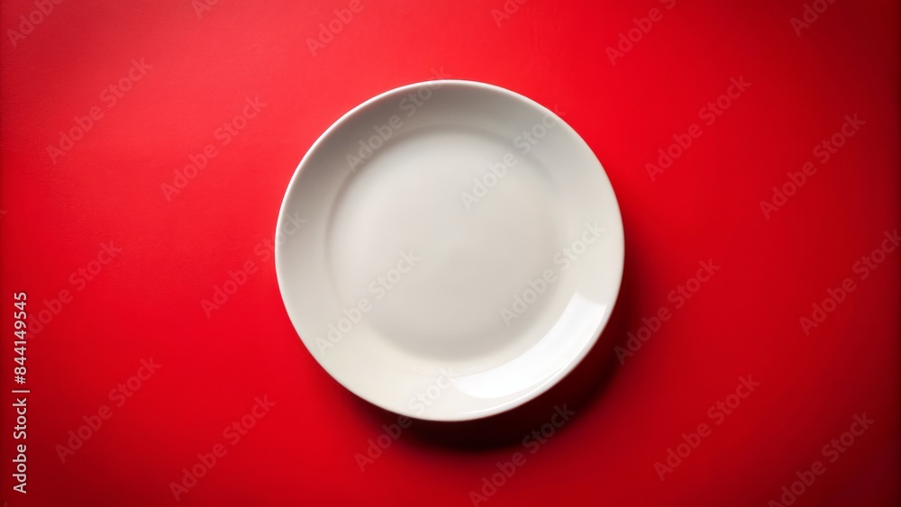 Isolated white ceramic plate centered on vibrant red background with subtle shadows, accentuating cleanliness and simplicity, perfect for food or product presentation. Isolated white ceramic plate centered on vibrant red background with subtle shadows, accentuating cleanliness and simplicity, perfect for food or product presentation.