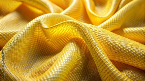 Close-up of yellow plastic fabric texture with intricate weave pattern, displaying subtle sheen and gentle folds, evoking sense of industrial materiality.