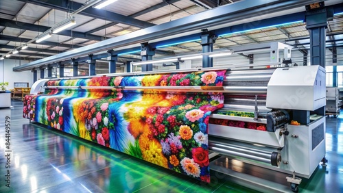 Modern industrial hybrid digital textile printer with dye sublimation printing capabilities, designed for high-quality fabric printing, stands alone in a bright factory setting.