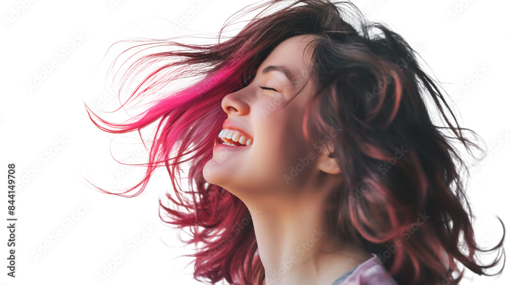 Smiling woman with bright red ombre hair, wind blowing through hair, transparent background. Smiling woman with bright red ombre hair, wind blowing through hair, transparent background.