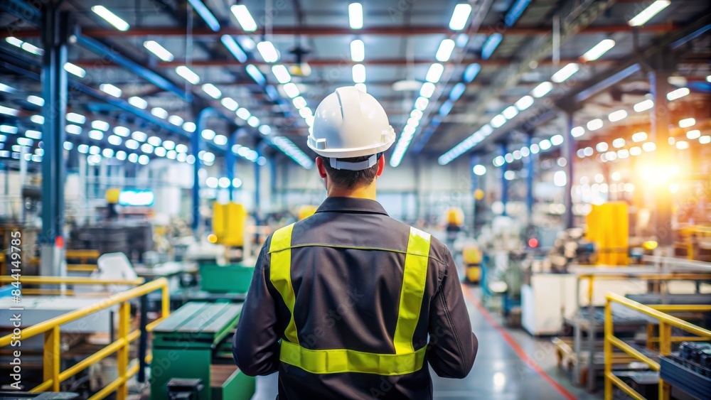 custom made wallpaper toronto digitalRear view of an occupational health and safety worker standing in a bustling production hall, wearing a black reflective vest and helmet, amidst blurred machinery.