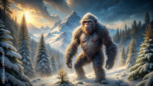 Furry, ape-like creature with snow-capped fur and glowing eyes roams solo amidst a misty, snow-encrusted mountain range, surrounded by towering evergreens. photo