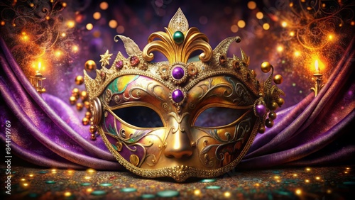 Ornate golden mask adorned with intricate designs and glittering gemstones, evoking the opulent spirit of mardi gras on a luxurious velvet background. photo