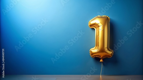 Golden balloon with number one shines on a bright blue background, symbolizing a one-year anniversary milestone, with ample copy space for custom messaging.
