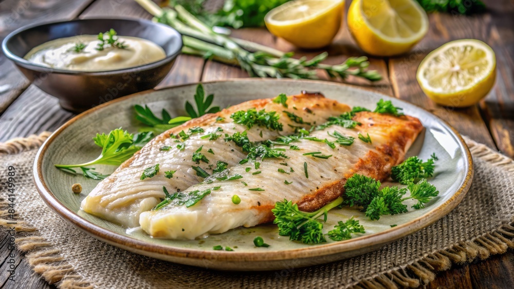 Freshly roasted fish fillet arranged on a ceramic plate garnished with fresh parsley and dill, accompanied by a side of creamy lemon butter sauce. Freshly roasted fish fillet arranged on a ceramic plate garnished with fresh parsley and dill, accompanied by a side of creamy lemon butter sauce.
