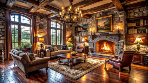 Cozy medieval-inspired living room with dark wooden flooring, ornate stone fireplace, and rustic furnishings, evoking a sense of ancient mystique and regal sophistication. © Wanlop