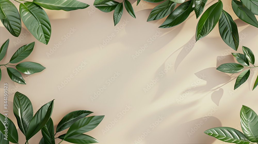 tropical leaves frame on beige background, generative AI tropical leaves frame on beige background, generative AI