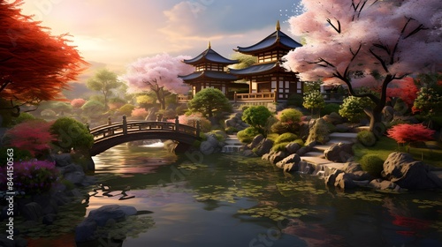 Beautiful japanese garden with a pond and a bridge at sunset