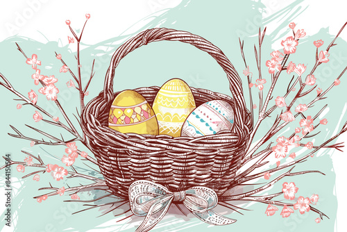 Vector art illustration easter basket with easter eggs on a white background a drawing of a basket of eggs in grass and a drawing of grass and a tree branch basket of painted  generative ai