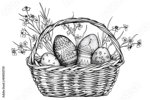 Vector art illustration easter basket with easter eggs on a white background a drawing of a basket of eggs in grass and a drawing of grass and a tree branch basket of painted  generative ai