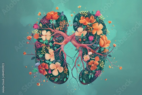 Artistic illustration of kidney organ composed of flowers and roots. Botanical health concept.