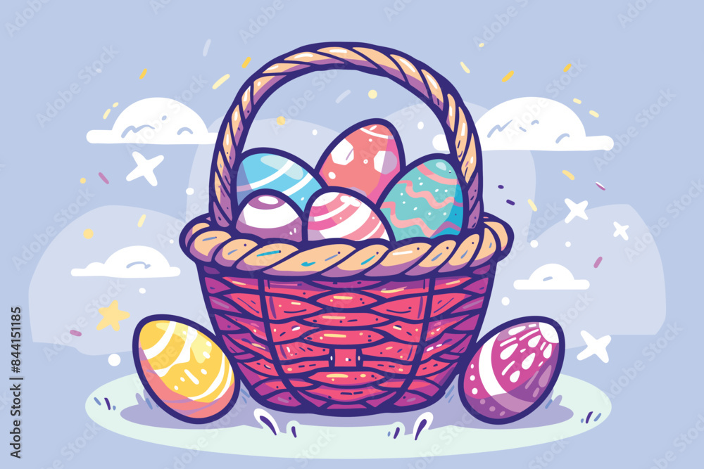 Vector art illustration easter basket with easter eggs on a white background a drawing of a basket of eggs in grass and a drawing of grass and a tree branch basket of painted generative ai Vector art illustration easter basket with easter eggs on a white background a drawing of a basket of eggs in grass and a drawing of grass and a tree branch basket of painted generative ai