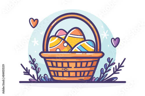 Vector art illustration easter basket with easter eggs on a white background a drawing of a basket of eggs in grass and a drawing of grass and a tree branch basket of painted  generative ai