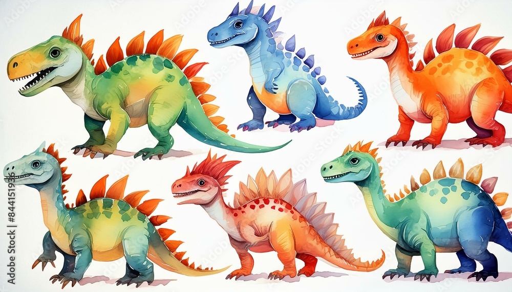Obraz premium A handpainted watercolor set featuring various little dinosaurs, showcasing unique and playful designs, perfectly isolated on white