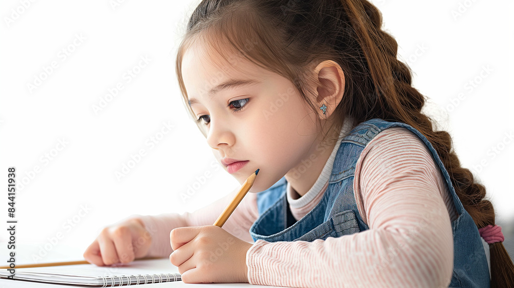 Realistic photo of an elementary school girl writing homework at her desk, hunched over, on a white background in a minimalist style.
Realistic photo of an elementary school girl writing homework at her desk, hunched over, on a white background in a minimalist style.