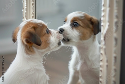 puppy barking at a mirror