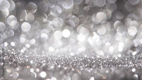Abstract silver bokeh background with shimmering light spots and glittering particles, perfect for festive and glamorous designs.