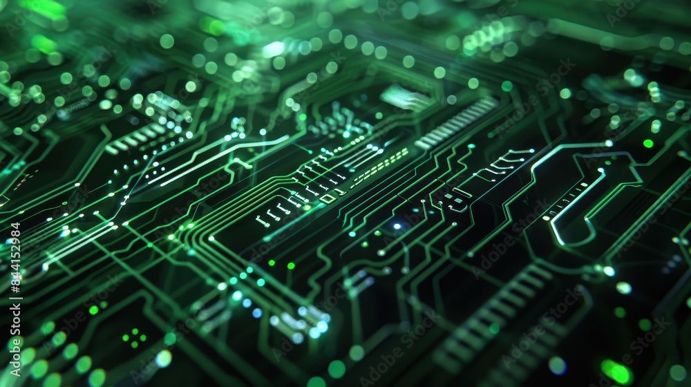 Close-up of a green circuit board with intricate patterns and glowing lines, showcasing advanced electronic technology and modern innovation. Close-up of a green circuit board with intricate patterns and glowing lines, showcasing advanced electronic technology and modern innovation.